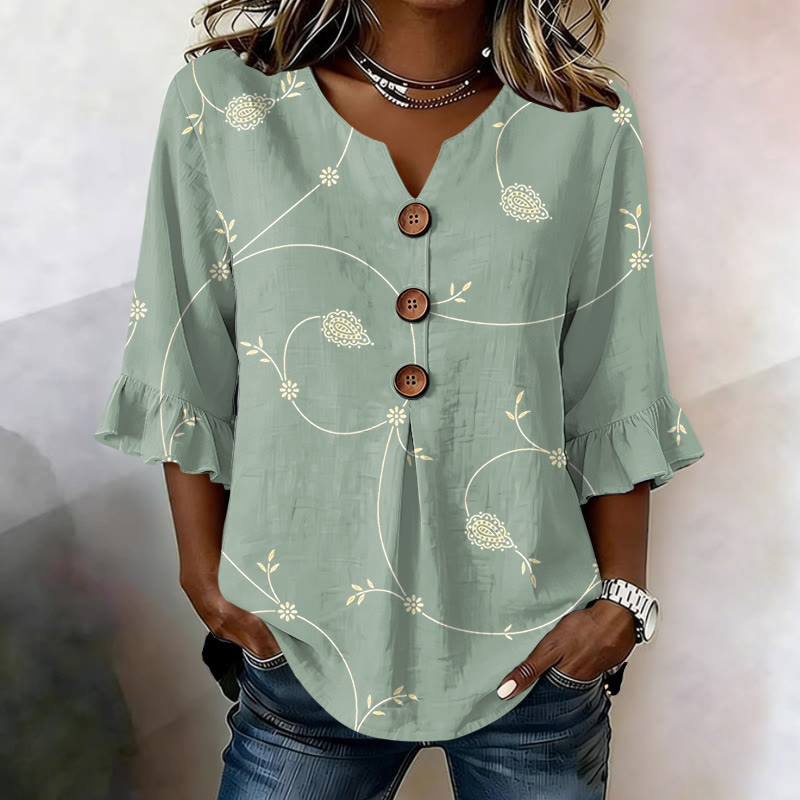 Green Vintage Botanical Print Button V-neck Blouse With Ruffle Sleeves - Green - US32-34(5XL) - image 1