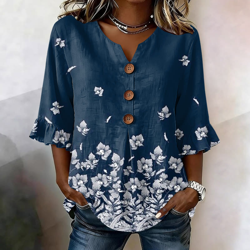 Navy Blue White Floral Print Button V-neck Blouse With Ruffle Sleeves - Navy Blue - US32-34(5XL) - image 1