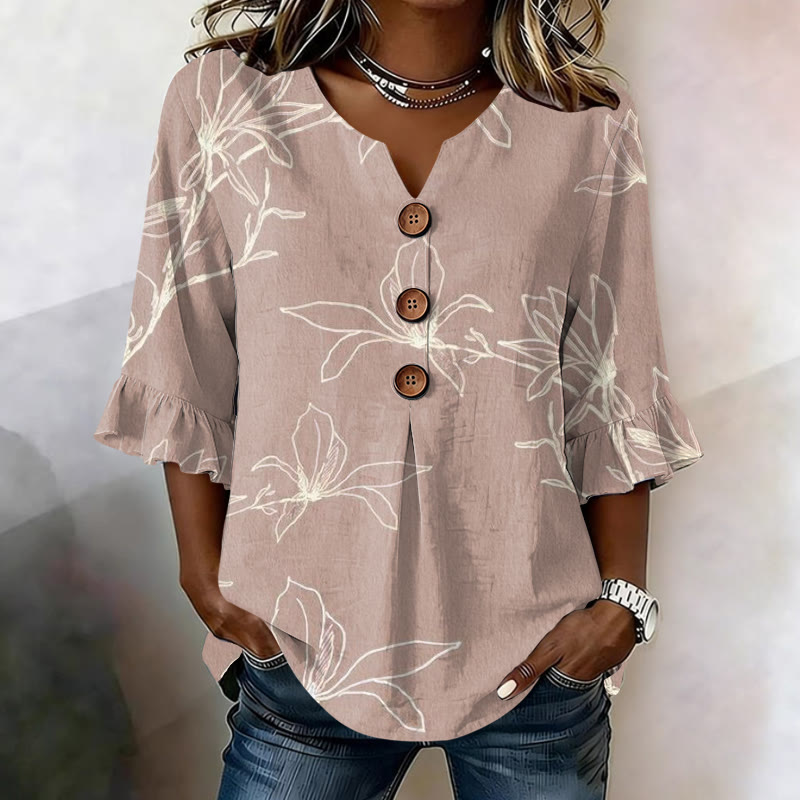 Elegant Sketch Flower Print Button V-neck Blouse With Ruffle Sleeves - Pink - US32-34(5XL) - image 1