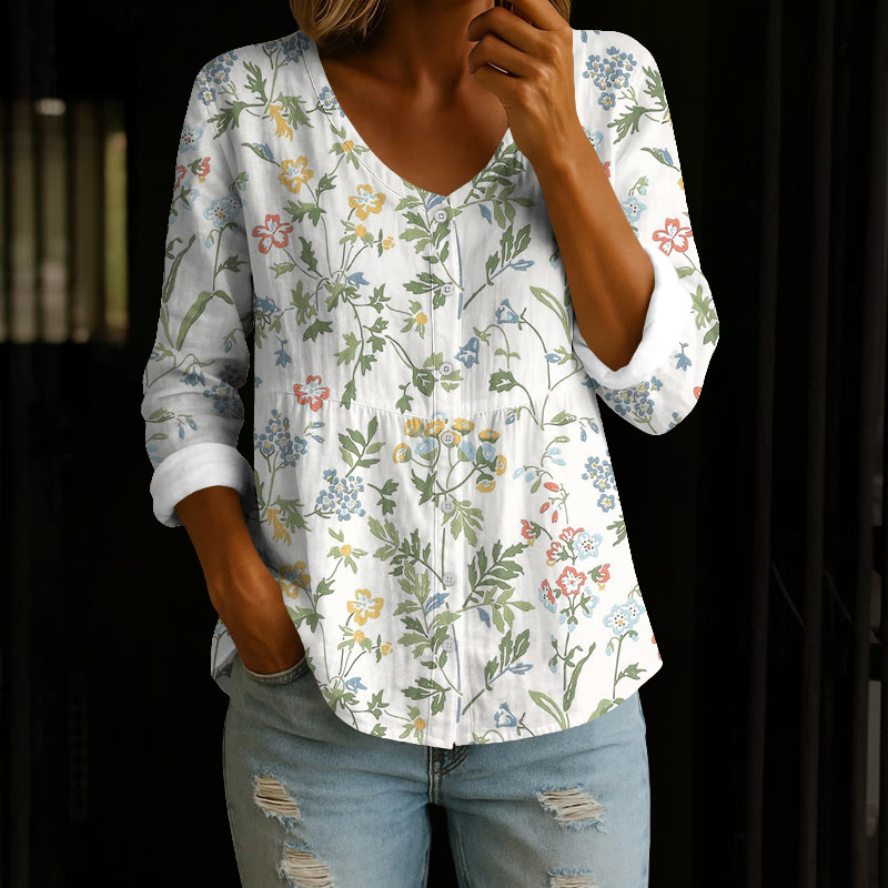 White Base Ditsy Wildflower Print Button V-neck A-line Long Sleeve Blouse - White - 4XL - image 1