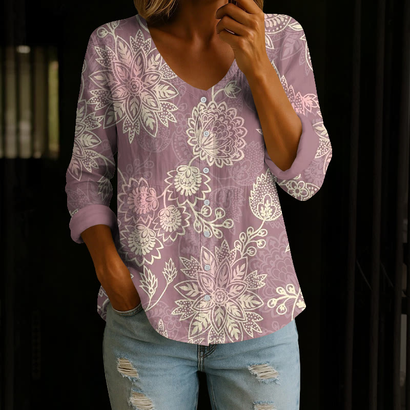Vintage Ornate Floral Print Button V-neck A-line Long Sleeve Blouse - Purple - 4XL - image 1
