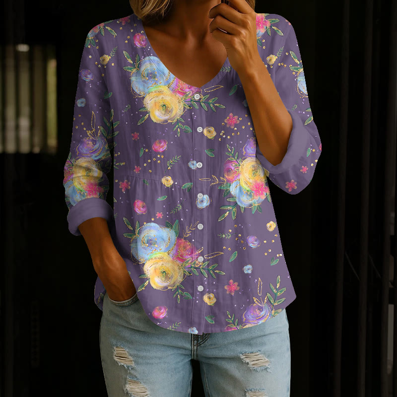 Boho Floral Print Button V-neck A-line Long Sleeve Blouse - Purple - 4XL - image 1