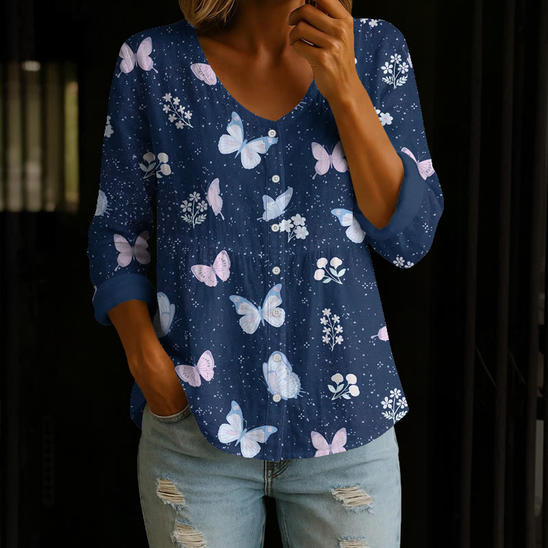 Butterfly And Floral Print Button V-neck A-line Long Sleeve Blouse - Navy Blue - 4XL - image 1