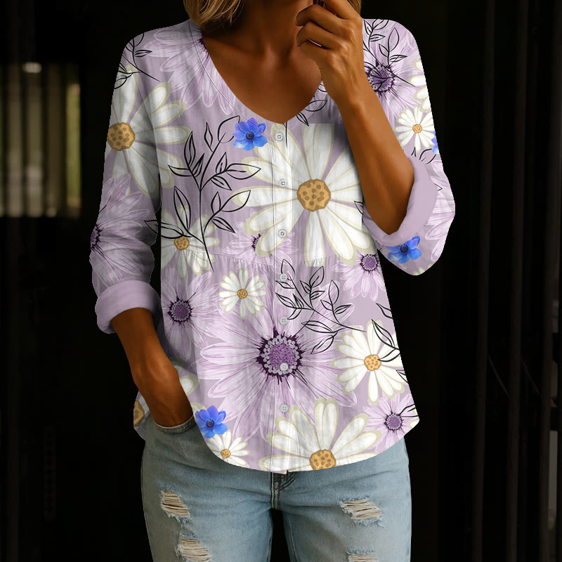 Lavender Daisy Floral Print Button V-neck A-line Long Sleeve Blouse - Light Purple - 4XL - image 1
