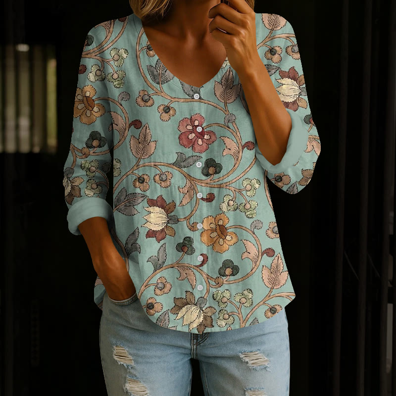 Boho Vintage Floral Print Button V-neck A-line Long Sleeve Blouse - Green - 4XL - image 1