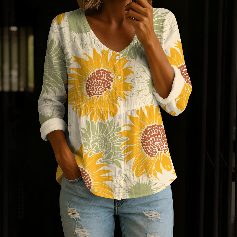 Boho Sunflower Print Button V-neck A-line Long Sleeve Blouse - Apricot - 4XL - image 1