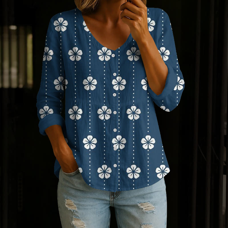 Classic Blue Base Simple Floral Print Button V-neck A-line Long Sleeve Blouse - Navy Blue - 4XL - image 1