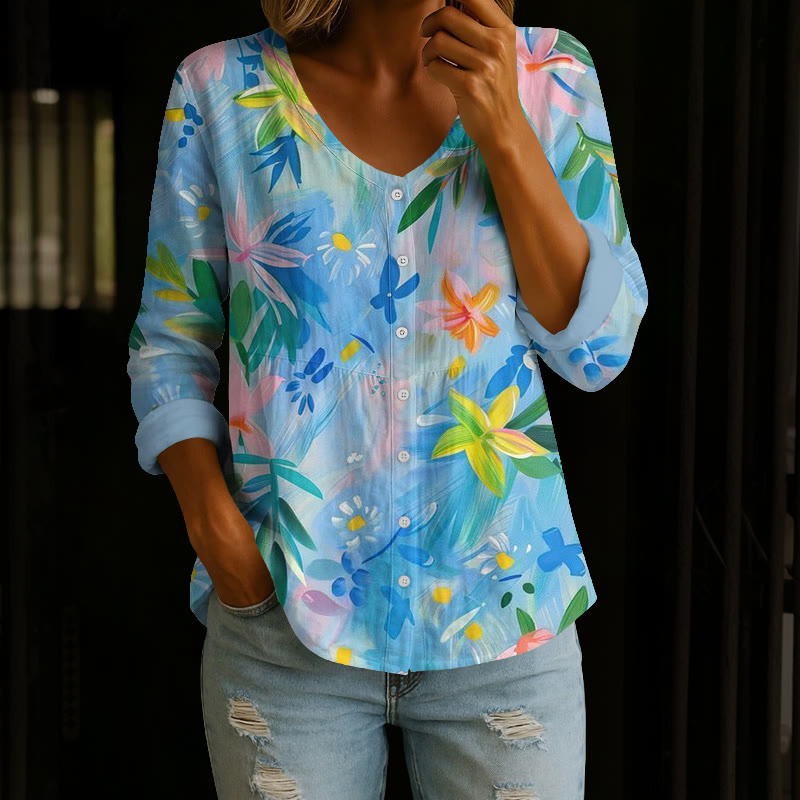 Tropical Leaf Flower Print Button V-neck A-line Long Sleeve Blouse - Blue - 4XL - image 1