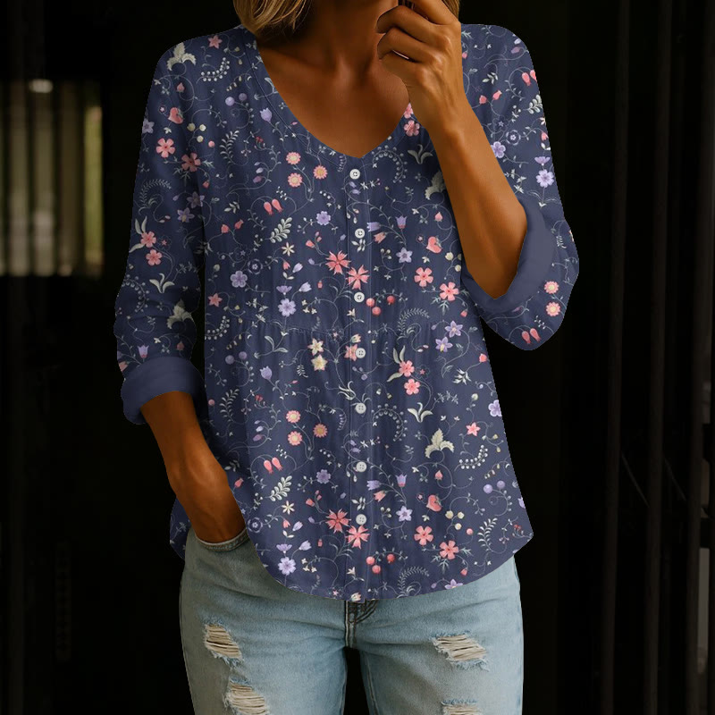 Navy Ditsy Floral Art Print Button V-neck A-line Long Sleeve Blouse - Purple - 4XL - image 1