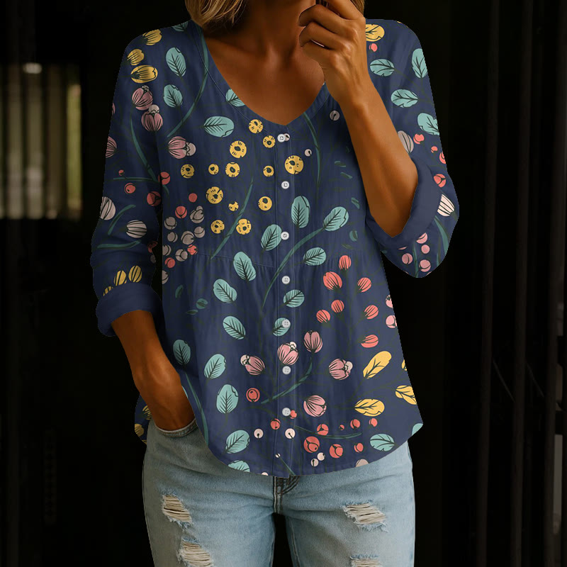 Romantic Botanical Art Print Button V-neck A-line Long Sleeve Blouse - Blue - 4XL - image 1