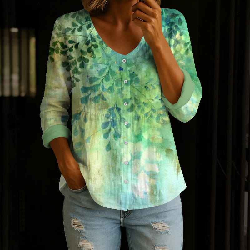 Nature Leaves Art Print Button V-neck A-line Long Sleeve Blouse - Green - 4XL - image 1