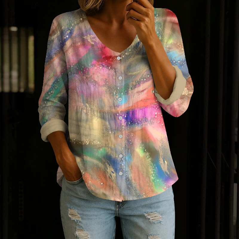Multicolor Abstract Art Print Button V-neck A-line Long Sleeve Blouse - Multicolor - 4XL - image 1