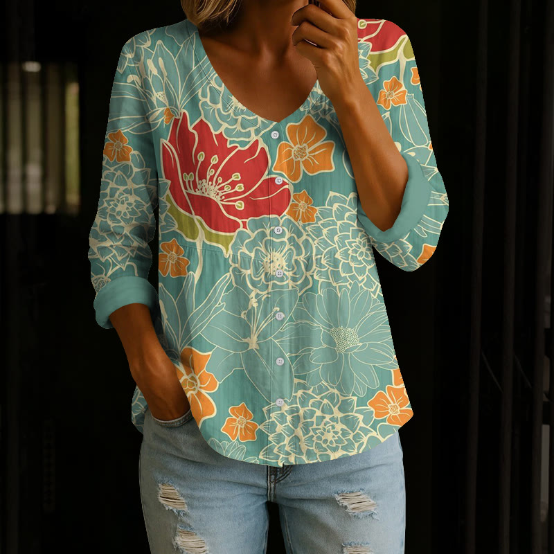 Bright Retro Floral Art Print Button V-neck A-line Long Sleeve Blouse - Green - 4XL - image 1