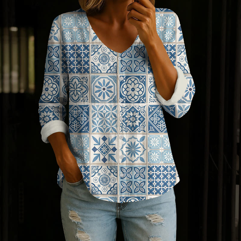 Mediterranean Geometric Pattern Print Button V-neck A-line Long Sleeve Blouse - Blue - 4XL - image 1