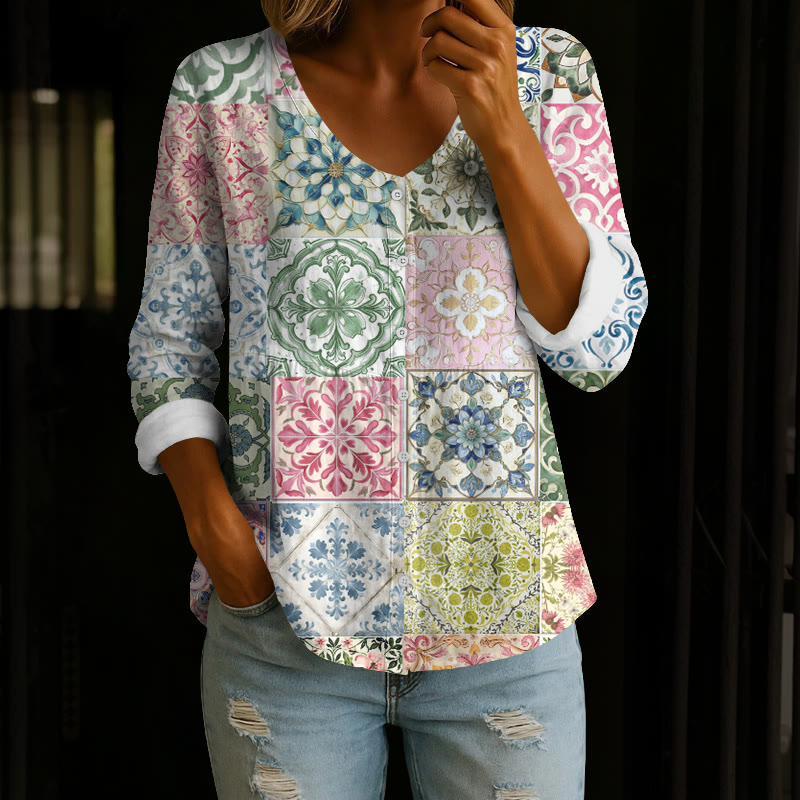 Vintage Moroccan Geometric Floral Print Button V-neck A-line Long Sleeve Blouse - Multicolor - 4XL - image 1