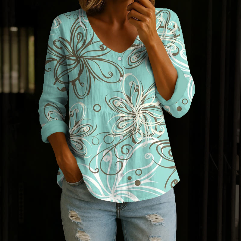 Retro Curly Botanical Art Print Button V-neck A-line Long Sleeve Blouse - Green - 4XL - image 2