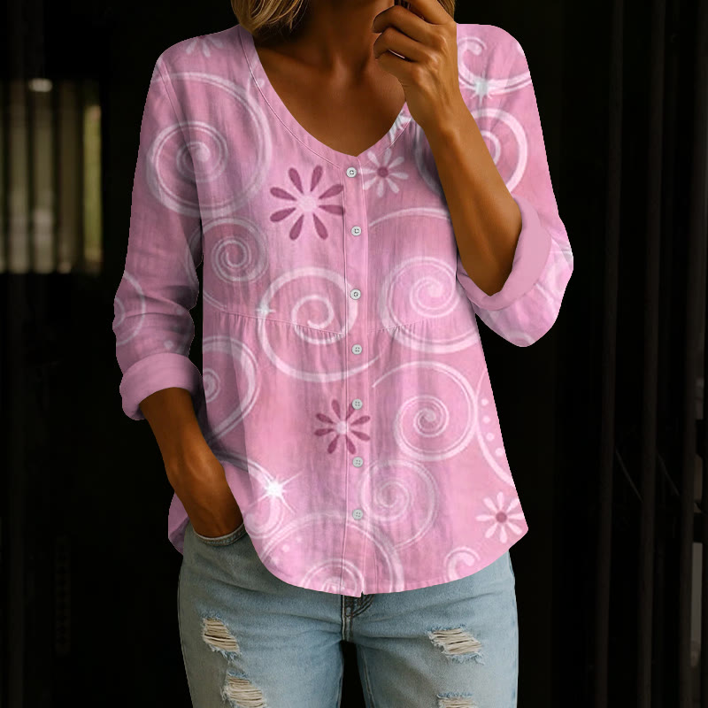 Blue Swirl Daisy Print Button V-neck A-line Long Sleeve Blouse - Pink - 4XL - image 2
