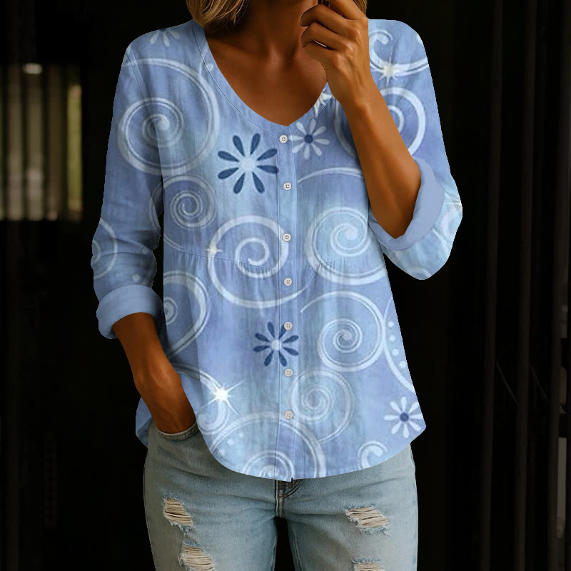 Blue Swirl Daisy Print Button V-neck A-line Long Sleeve Blouse - Blue - 4XL - image 1