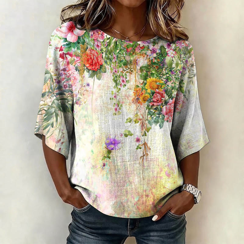 Vintage Oil Painting Floral Vines Pattern Print Half Sleeve Casual Blouse - Apricot - 4XL - image 1