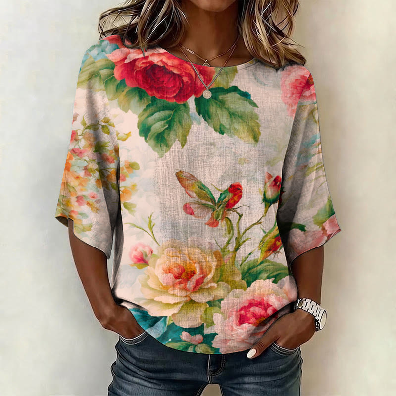 Vintage Oil Painting Flowers And Butterflies Pattern Print 3/4 Sleeve Casual Blouse - Apricot - 4XL - image 1