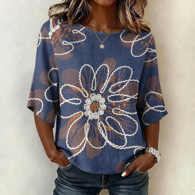 Chic Floral Pattern Print Half Sleeve Casual Blouse - Blue - 4XL - image 1