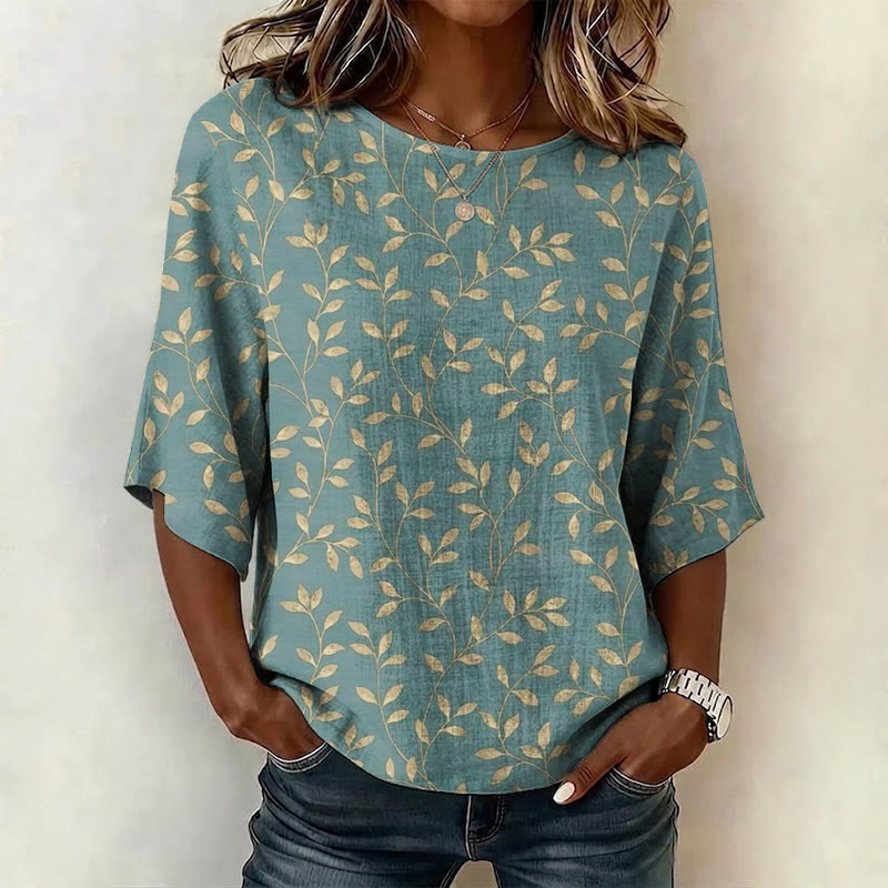  Vintage Golden-leaf Vine Pattern Print Half Sleeve Casual Blouse - Green - 4XL - image 1