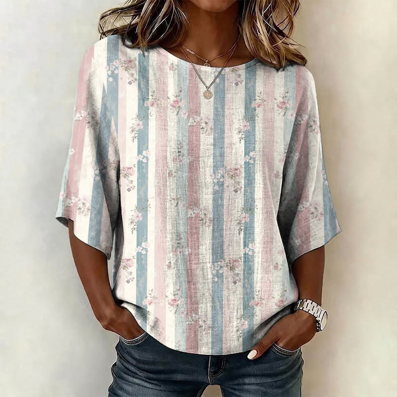  Vintage Floral Stripe Two-tone Pattern Print Half Sleeve Casual Blouse - Light Pink - US 28-30 (4XL) - image 1