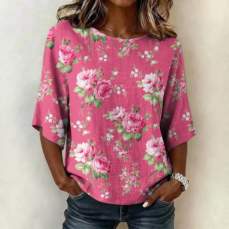 Retro Romantic Rose Pattern Print Half Sleeve Casual Blouse - Rose - 4XL - image 1