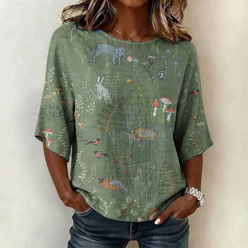 Retro Nature Forest Animals Pattern Print Half Sleeve Casual Blouse - Green - US 28-30 (4XL) - image 1