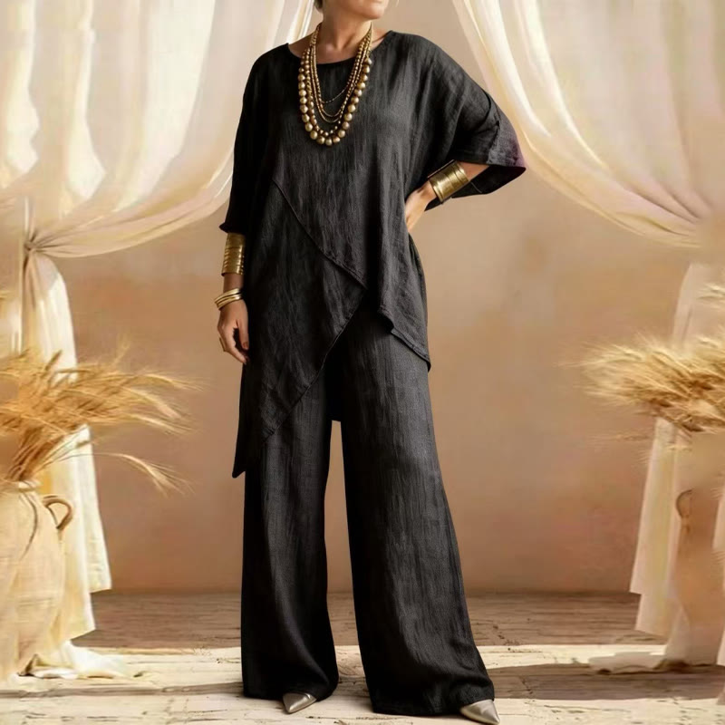 Elegant Solid Irregular Hem Round-neck 3/4 Sleeves Blouse&pants Set - Black - 3XL - image 2