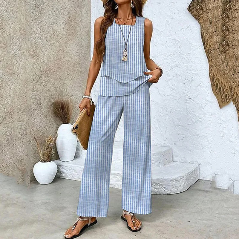 Elegant Stripe Double-layer Irregular Hem Square-neck Vest&pants Set - Blue - 3XL - image 1