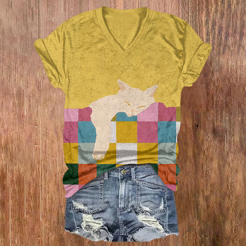Rainbow Plaid And Fluffy Kittens Print Short Sleeved V-neck T-shirt - Yellow - US32-34(5XL) - image 3