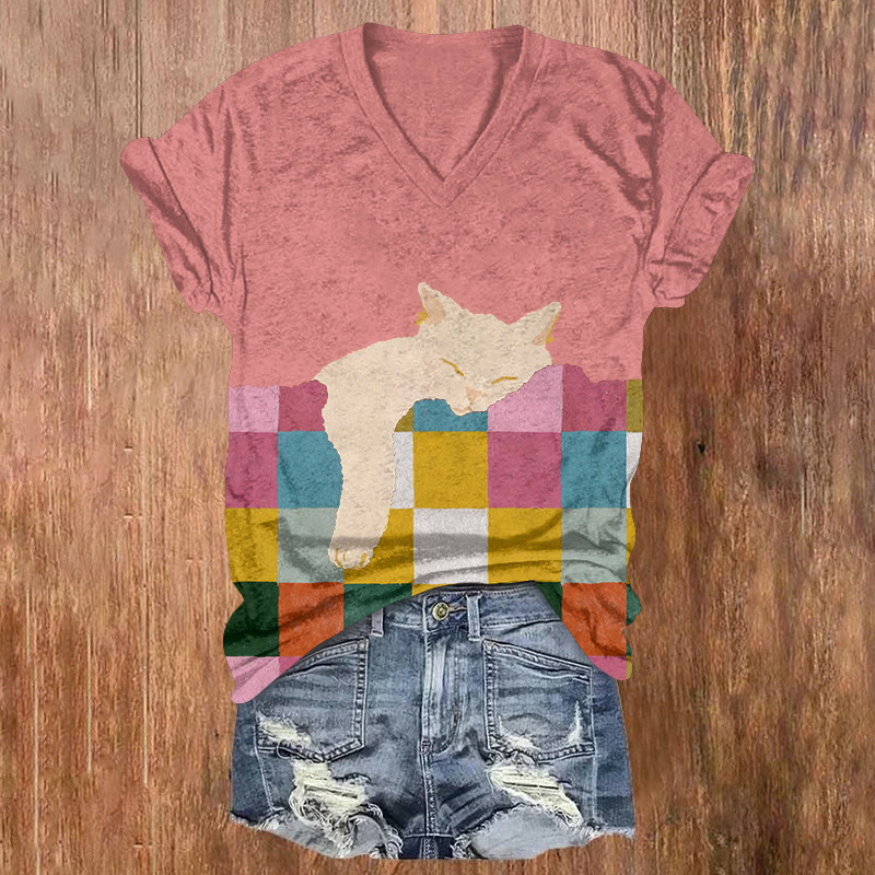 Rainbow Plaid And Fluffy Kittens Print Short Sleeved V-neck T-shirt - Pink - US32-34(5XL) - image 2