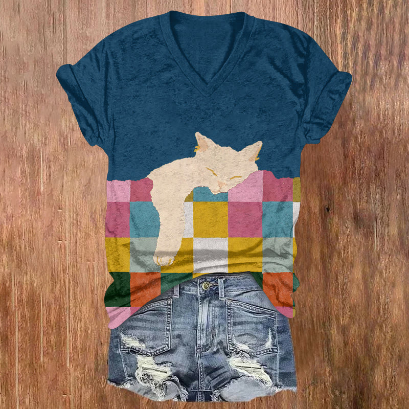 Rainbow Plaid And Fluffy Kittens Print Short Sleeved V-neck T-shirt - Blue - US32-34(5XL) - image 1