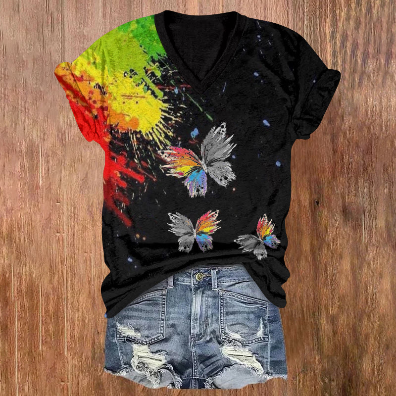Rainbow Graffiti And Butterflies Print Short Sleeved V-neck T-shirt - Black - US32-34(5XL) - image 1