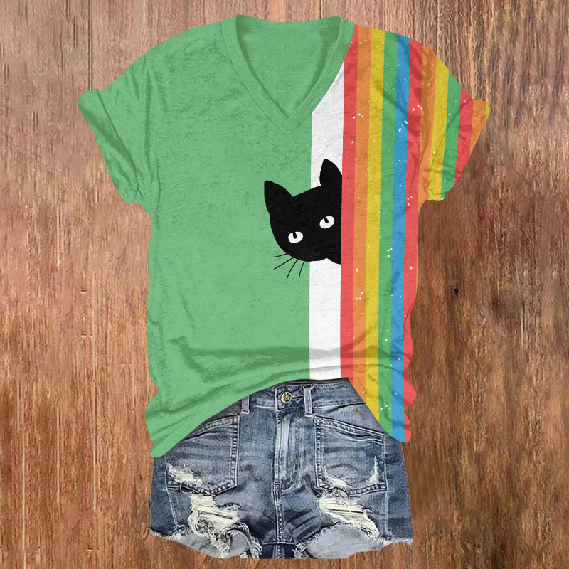Rainbow And Black Cat Print Short Sleeved V-neck T-shirt - Light Green - US32-34(5XL) - image 1