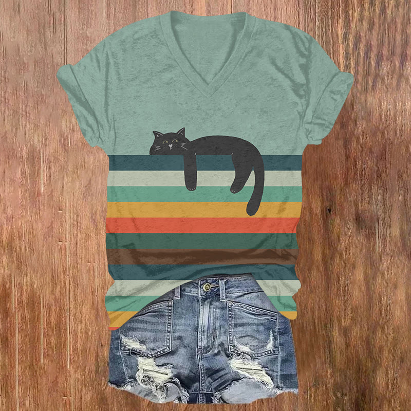 Rainbow Stripes And Lazy Cat Print Short Sleeved V-neck T-shirt - Light Green - US32-34(5XL) - image 1