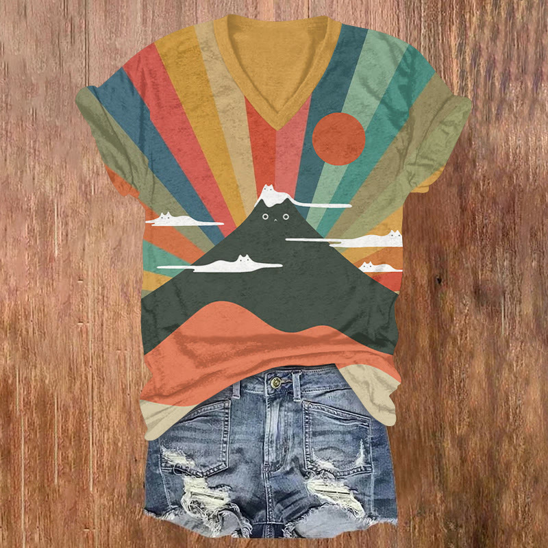 Japanese Rainbow Sunrise And Mount Cat Fuji Print Short Sleeved V-neck T-shirt - Orange - US32-34(5XL) - image 1