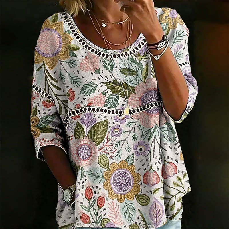 Spring Garden Floral Print Openwork Lace Splicing Round Neck Half Sleeve Blouse - White - 4XL - image 1