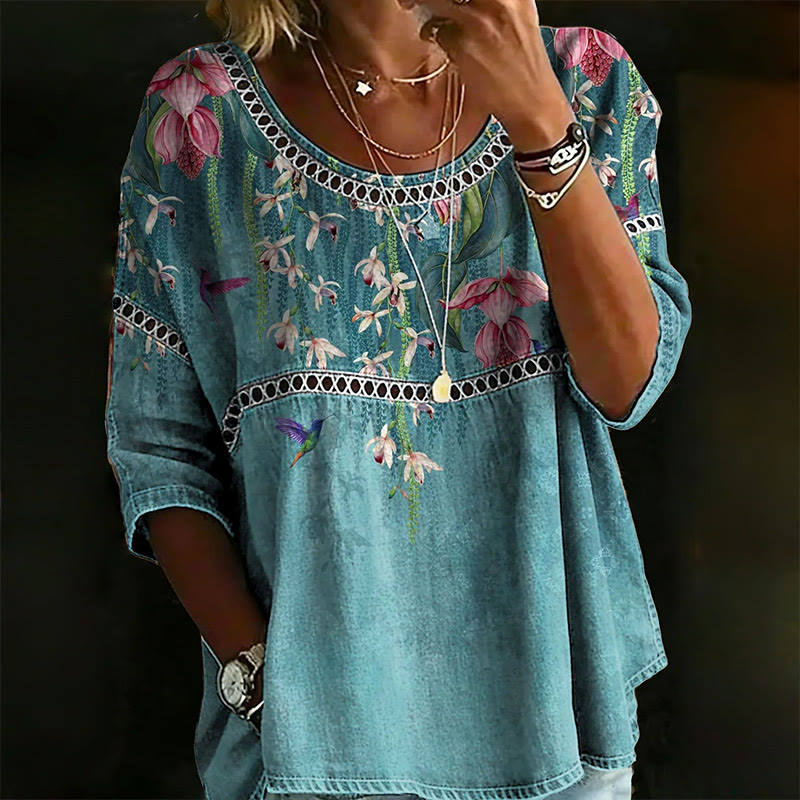 Boho Tropical Flower Print Openwork Lace Splicing Round Neck Half Sleeve Blouse - Blue - 4XL - image 1