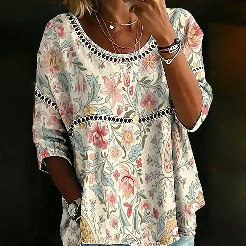 Boho Pastel Floral Print Openwork Lace Splicing Round Neck Half Sleeve Blouse - Apricot - 4XL - image 1
