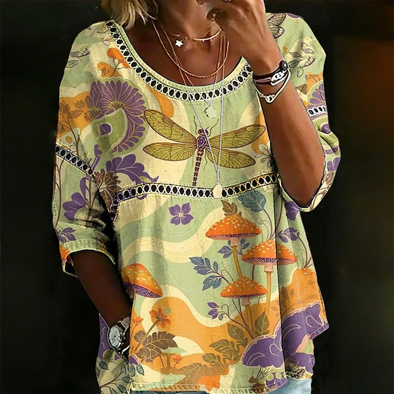 Dragonfly Mushroom Floral Print Openwork Lace Splicing Round Neck Half Sleeve Blouse - Multicolor - 4XL - image 1