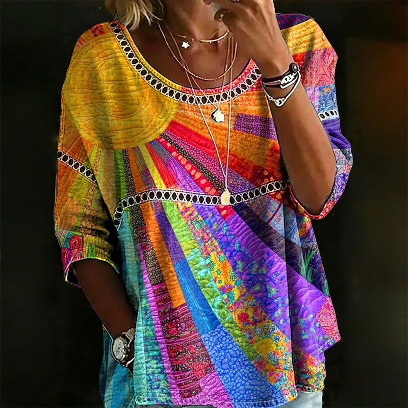 Hippie Sun Rays Multicolor Print Openwork Lace Splicing Round Neck Half Sleeve Blouse - Multicolor - 4XL - image 1