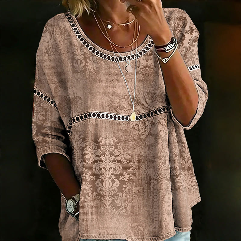 Taupe Vintage Damask Print Openwork Lace Splicing Round Neck Half Sleeve Blouse - Khaki - 4XL - image 1