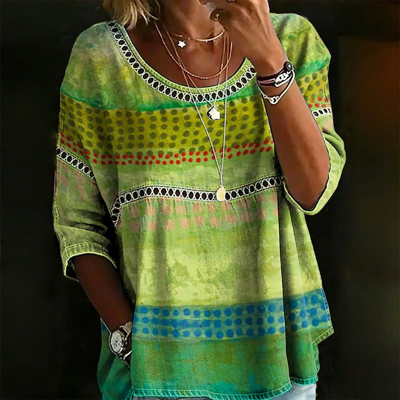 Green Gradient Dot Stripe Print Openwork Lace Splicing Round Neck Half Sleeve Blouse - Green - 4XL - image 1