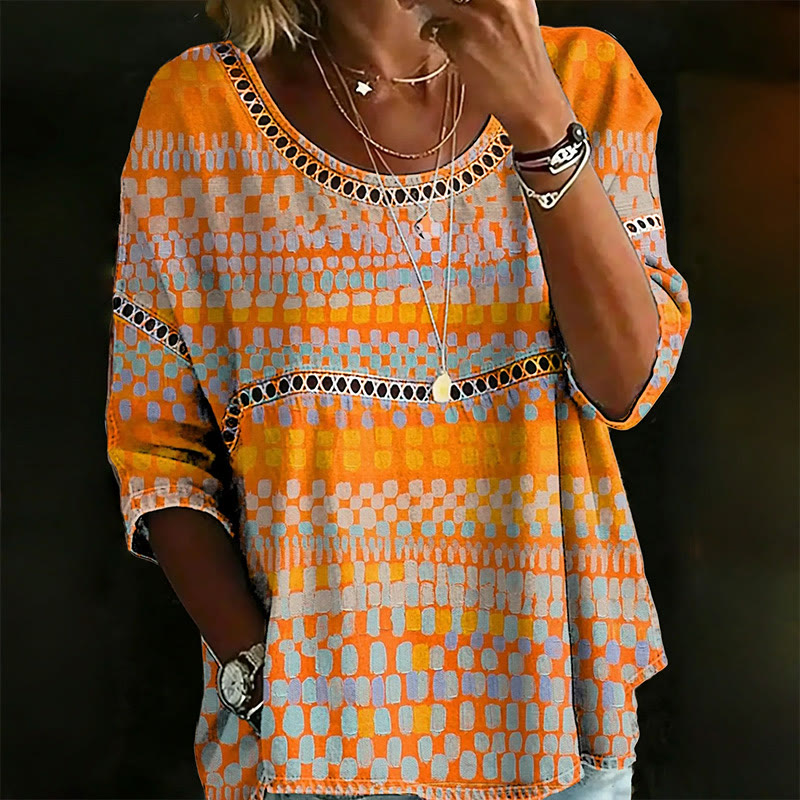 Geometric Dot Print Openwork Lace Splicing Round Neck Half Sleeve Blouse - Orange - 4XL - image 1