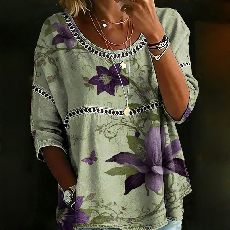 Green Purple Floral Print Openwork Lace Splicing Round Neck Half Sleeve Blouse - Green - 4XL - image 1