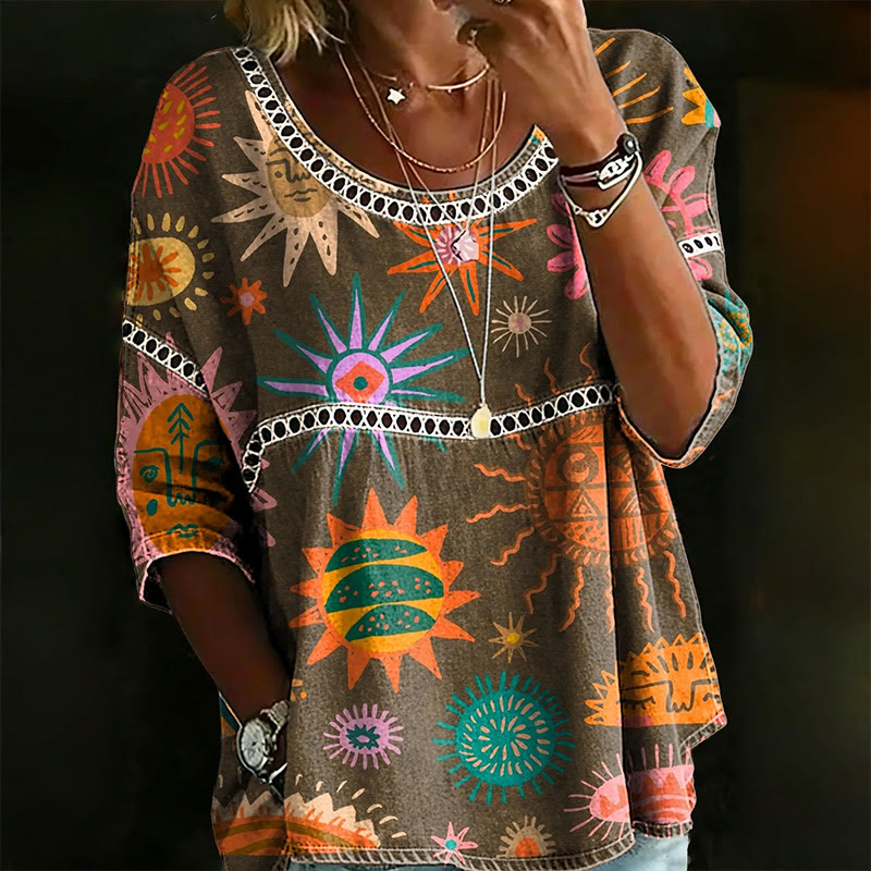 Retro Colorful Sun Pattern Print Openwork Lace Splicing Round Neck Half Sleeve Blouse - Brown - 4XL - image 1