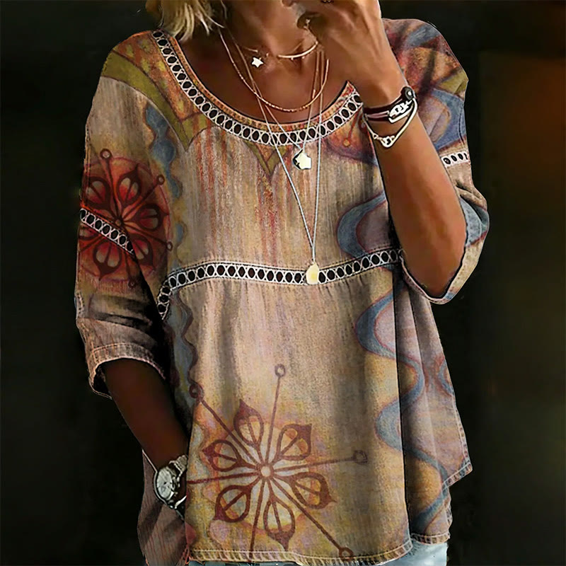 Vintage Mandala Boho Pattern Print Openwork Lace Splicing Round Neck Half Sleeve Blouse - Khaki - 4XL - image 1