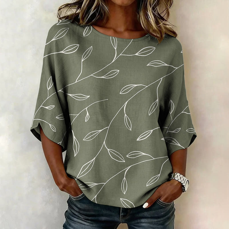 Sage Green Leaf Print Half Sleeve Casual Blouse - Green - 4XL - image 1